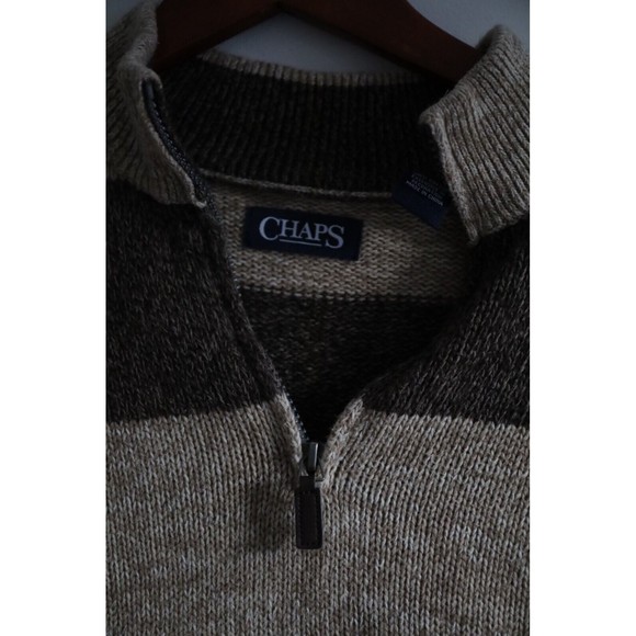 Chaps 1/4 Zip Pullover Sweater Men's XL Brown/Tan Striped Cotton Mock Neck Heavy - Picture 3 of 5